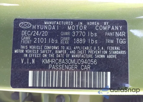 2021 Hyundai Venue Sel from USA, damaged, VIN KMHRC8A30MU094056